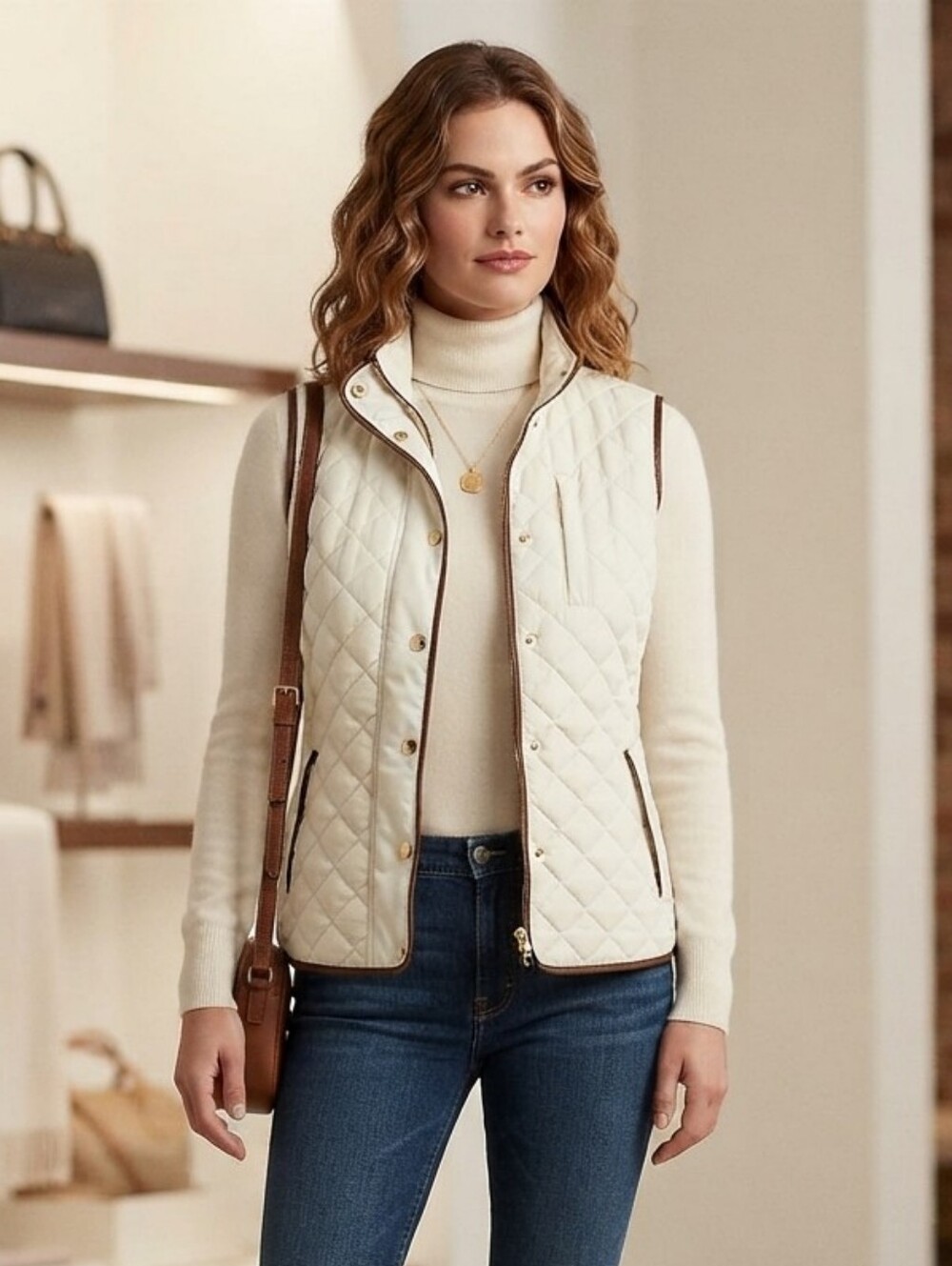 The Royal Standard Beige with Brown Trim Quilted Lined Vest Sz XS